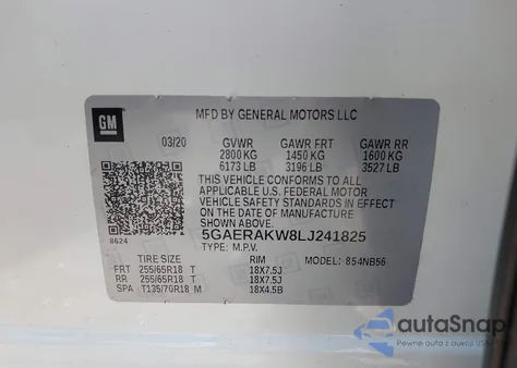 2020 Buick Enclave Fwd Preferred z USA, uszkodzony, nr VIN 5GAERAKW8LJ241825